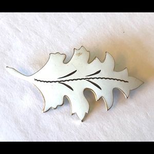 Vintage Gold and White Enamel Leaf Brooch Pin